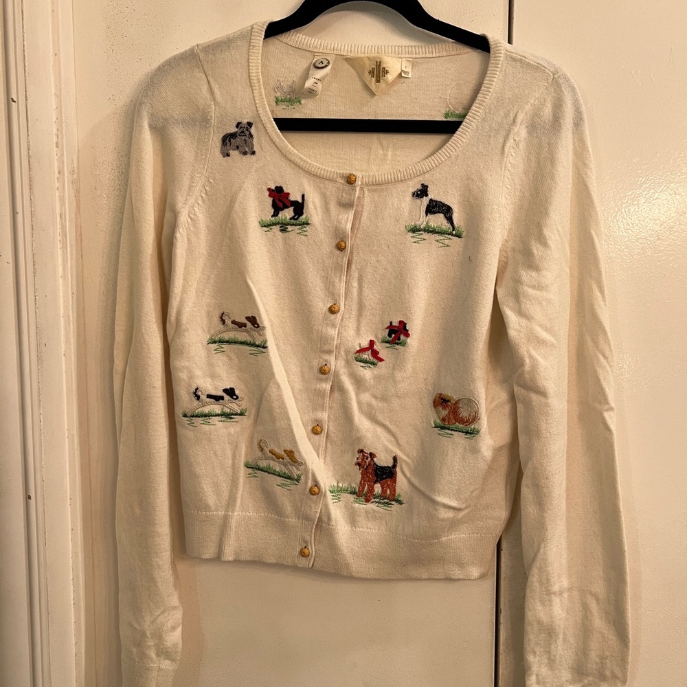 Rare Anthropologie Archival Collection Cream Dog Cardigan Small NWOT